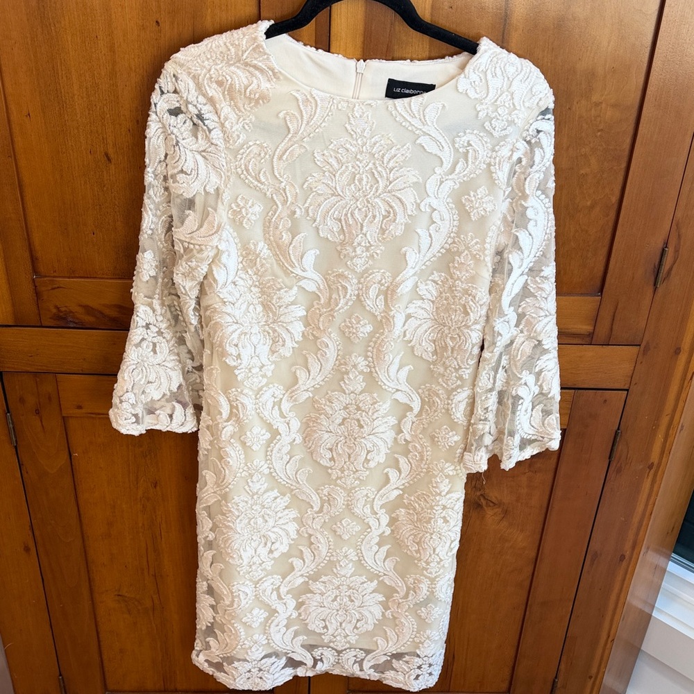 Liz Claiborne Lace Overlay Bell Sleeve Dress, Subtle Gold Shimmer - Regencycore